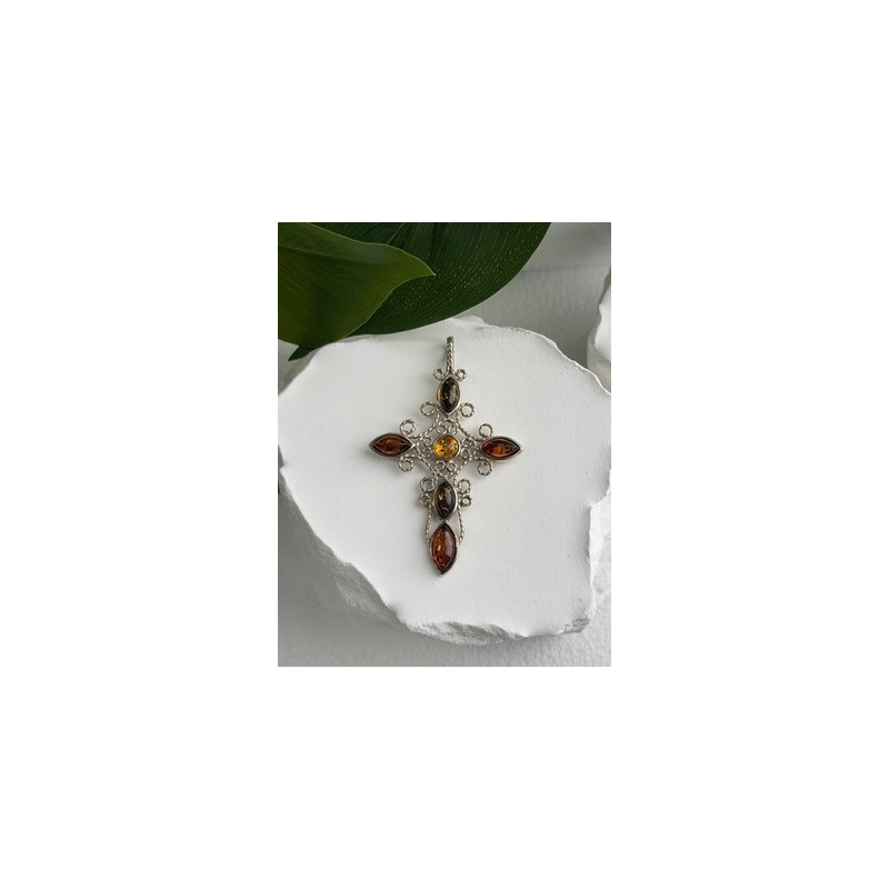 925 Sterling Silver Amber Cross Length 2 in