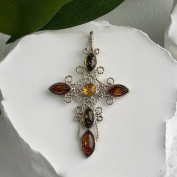 925 Sterling Silver Amber Cross Length 2 in