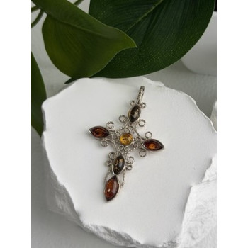 925 Sterling Silver Amber Cross Length 2 in