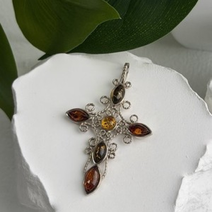 925 Sterling Silver Amber Cross Length 2 in