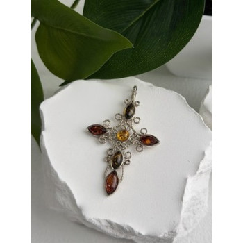 925 Sterling Silver Amber Cross Length 2 in