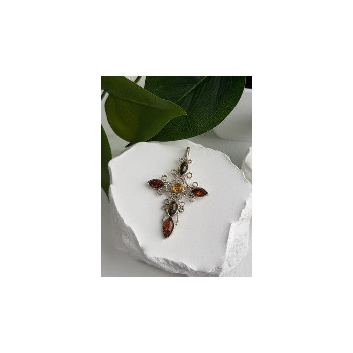 925 Sterling Silver Amber Cross Length 2 in