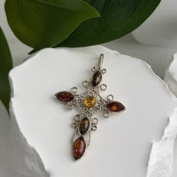 925 Sterling Silver Amber Cross Length 2 in