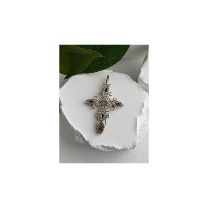 925 Sterling Silver Amber Cross Length 2 in