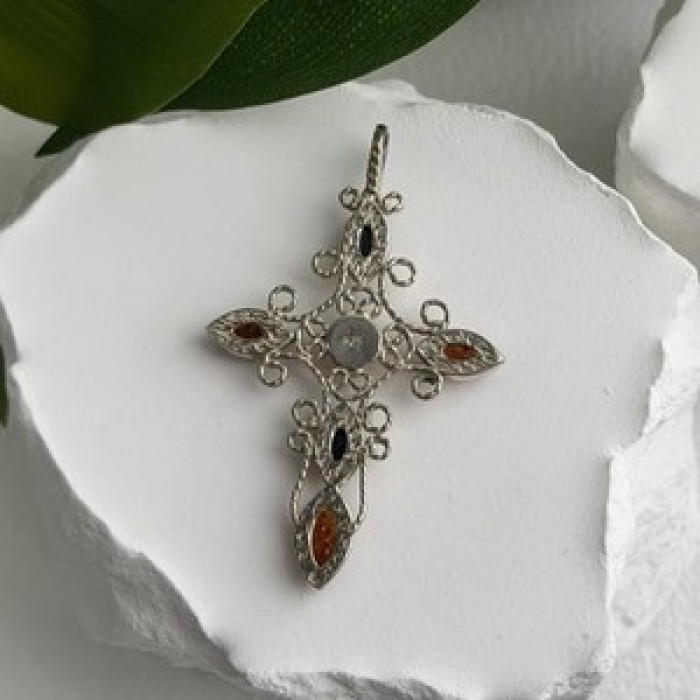 925 Sterling Silver Amber Cross Length 2 in