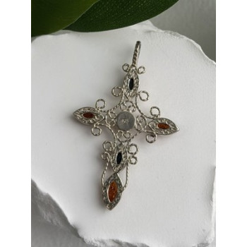 925 Sterling Silver Amber Cross Length 2 in