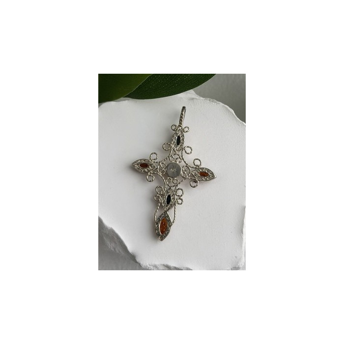 925 Sterling Silver Amber Cross Length 2 in