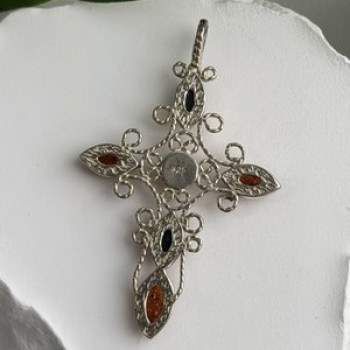 925 Sterling Silver Amber Cross Length 2 in