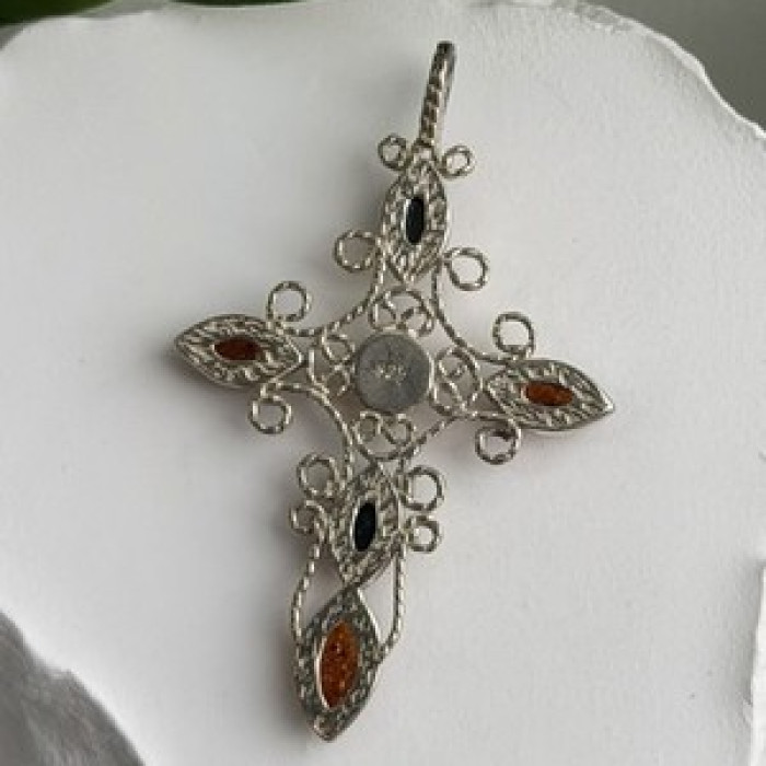 925 Sterling Silver Amber Cross Length 2 in