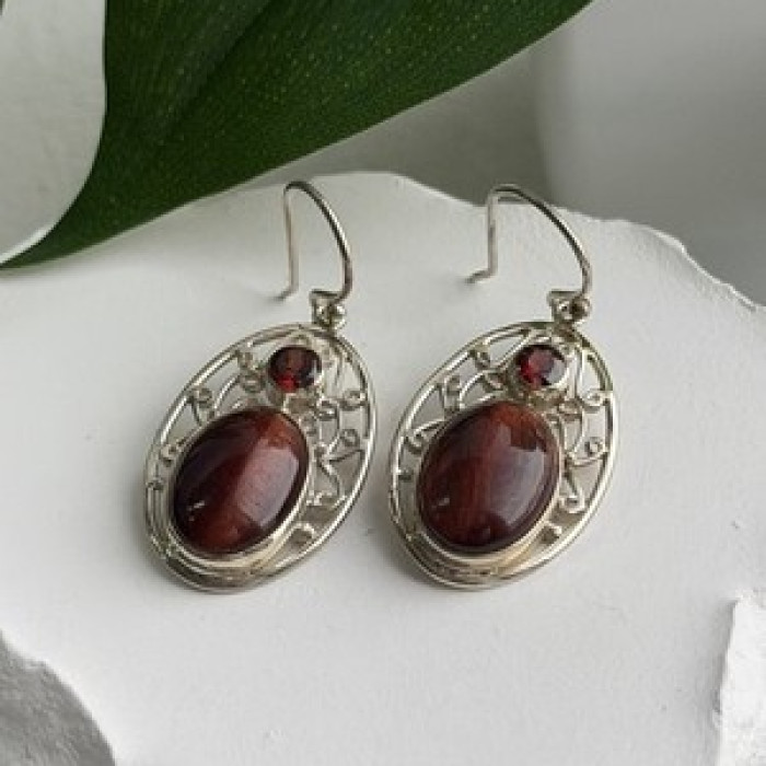 925 Sterling Silver Amber & Garnet Earrings
