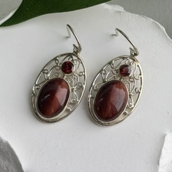 925 Sterling Silver Amber & Garnet Earrings