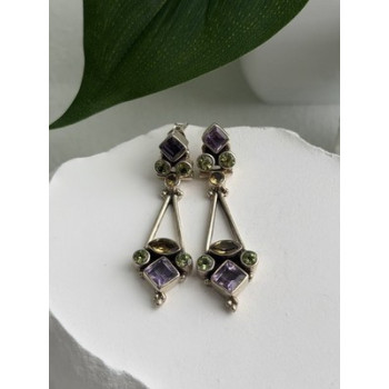 925 Sterling Silver Amethyst Peridot Citrine Earrings