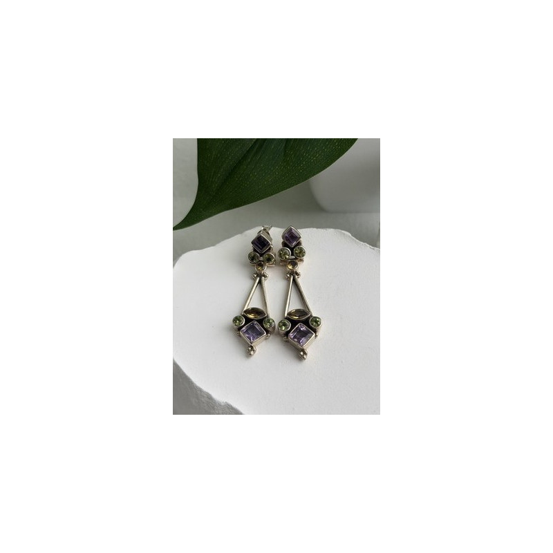 925 Sterling Silver Amethyst Peridot Citrine Earrings