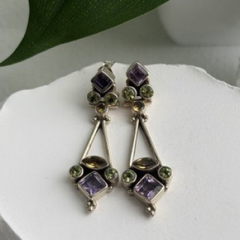 925 Sterling Silver Amethyst Peridot Citrine Earrings