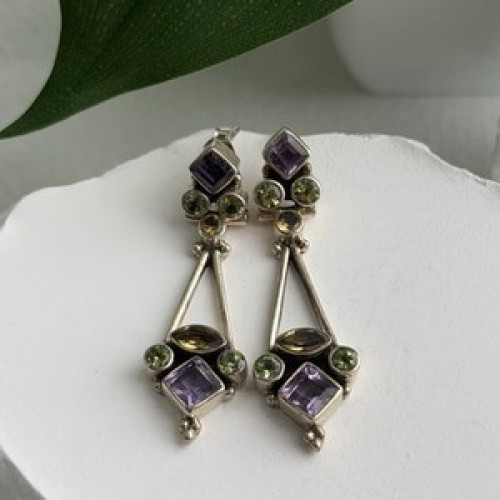 925 Sterling Silver Amethyst Peridot Citrine Earrings
