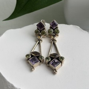 925 Sterling Silver Amethyst Peridot Citrine Earrings