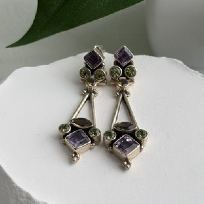 925 Sterling Silver Amethyst Peridot Citrine Earrings