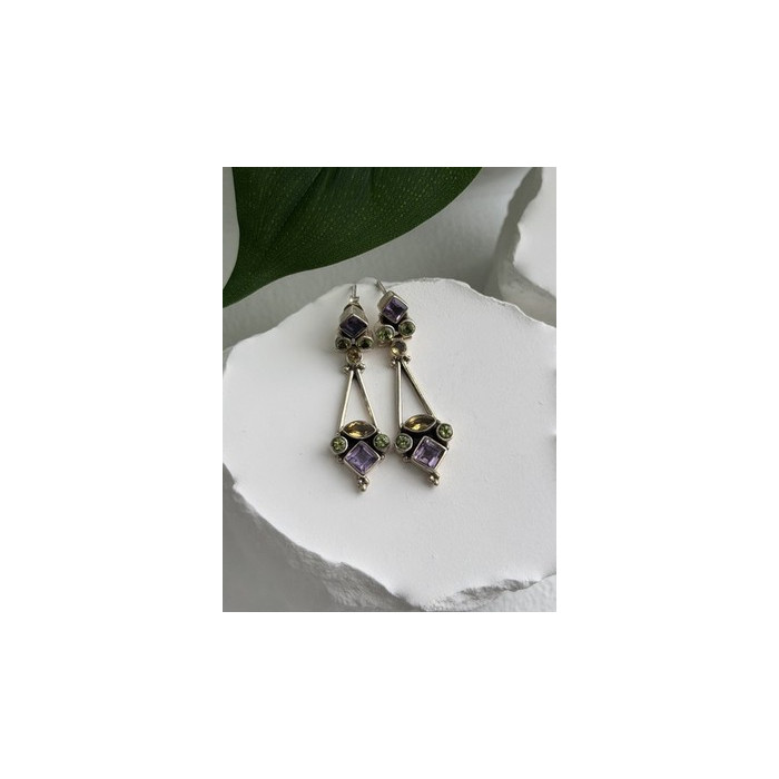 925 Sterling Silver Amethyst Peridot Citrine Earrings