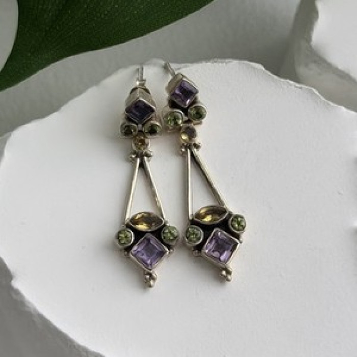 925 Sterling Silver Amethyst Peridot Citrine Earrings