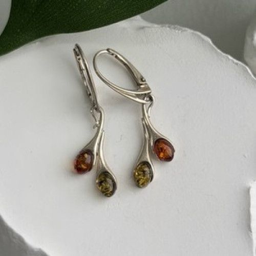 925 Sterling Silver Green & Orange Amber Earrings