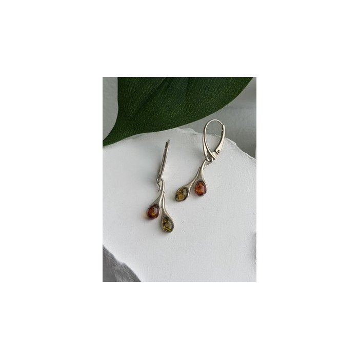 925 Sterling Silver Green & Orange Amber Earrings