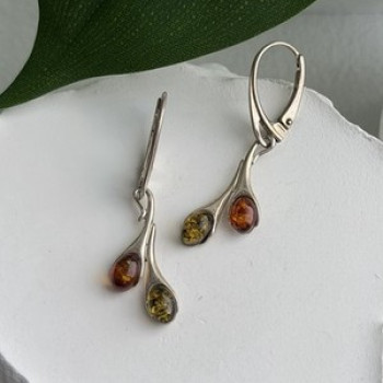 925 Sterling Silver Green & Orange Amber Earrings