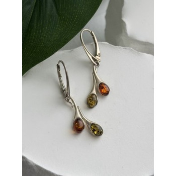 925 Sterling Silver Green & Orange Amber Earrings