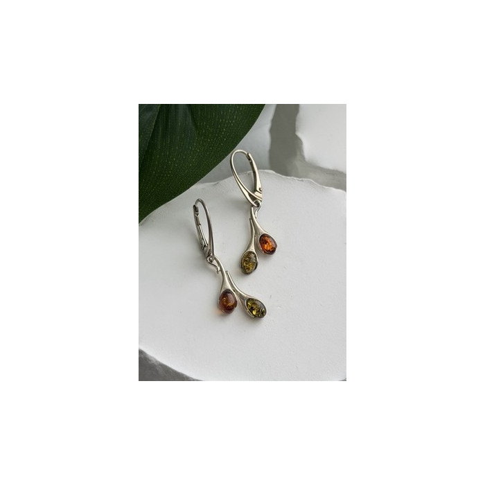 925 Sterling Silver Green & Orange Amber Earrings