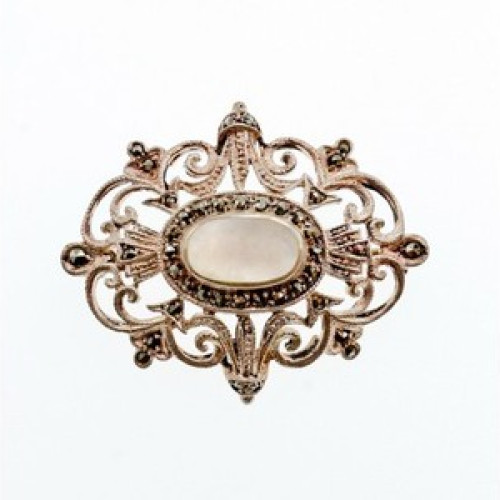 Vintage 925 Sterling Silver Mother of Pearl and Marcasites Brooch
