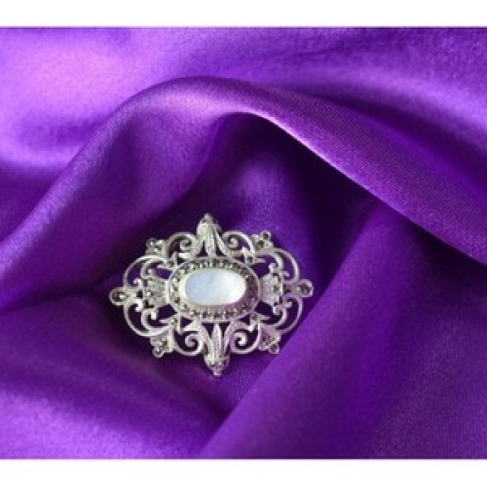 Vintage 925 Sterling Silver Mother of Pearl and Marcasites Brooch