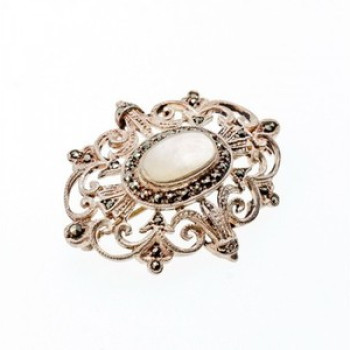 Vintage 925 Sterling Silver Mother of Pearl and Marcasites Brooch
