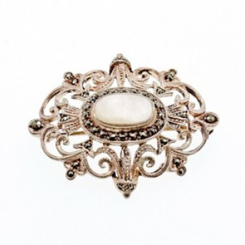 Vintage 925 Sterling Silver Mother of Pearl and Marcasites Brooch