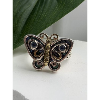 Vintage Butterfly 925 Sterling Silver Abalone & Topaz Ring Size 8