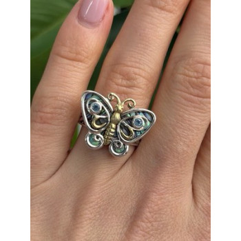 Vintage Butterfly 925 Sterling Silver Abalone & Topaz Ring Size 8