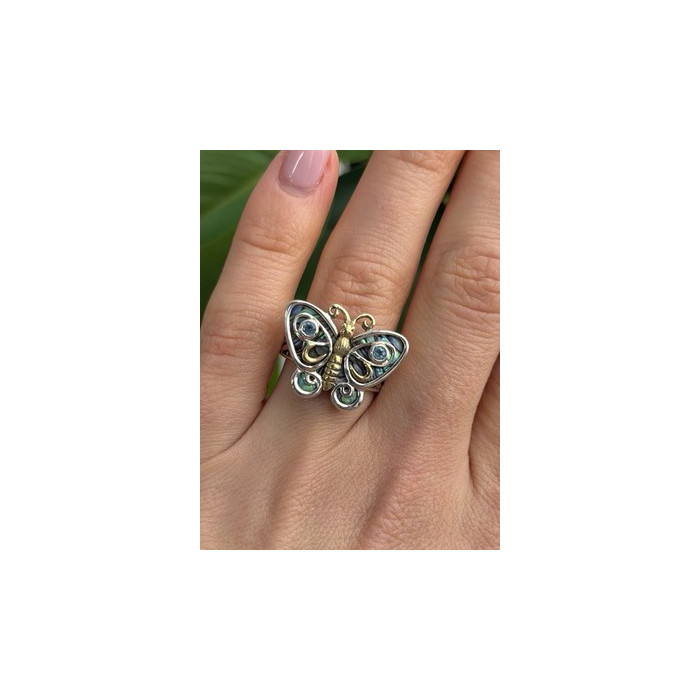 Vintage Butterfly 925 Sterling Silver Abalone & Topaz Ring Size 8