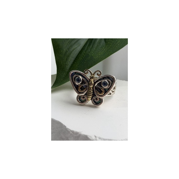 Vintage Butterfly 925 Sterling Silver Abalone & Topaz Ring Size 8