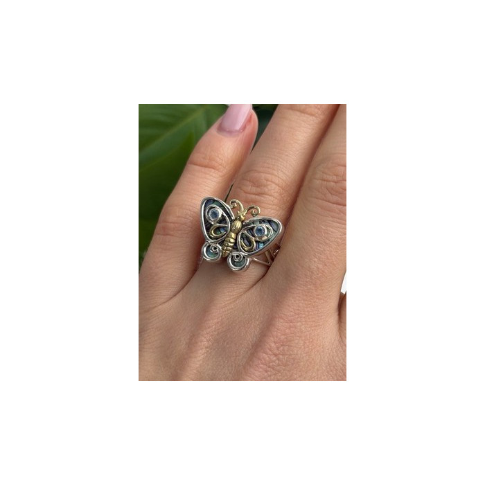 Vintage Butterfly 925 Sterling Silver Abalone & Topaz Ring Size 8