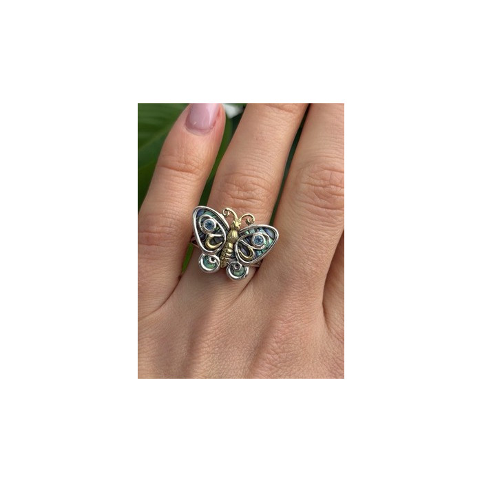 Vintage Butterfly 925 Sterling Silver Abalone & Topaz Ring Size 8