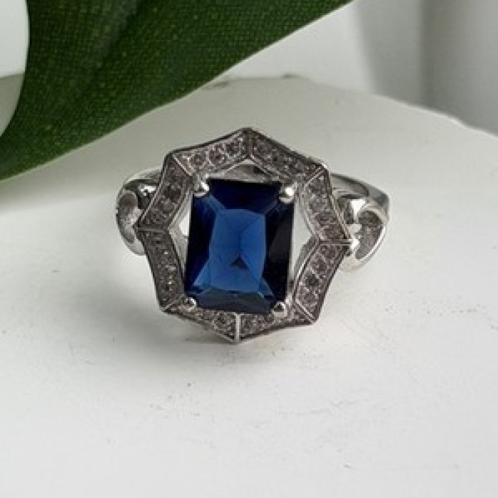 925 Sterling Silver Sapphire & Beryl Ring Size 5.5