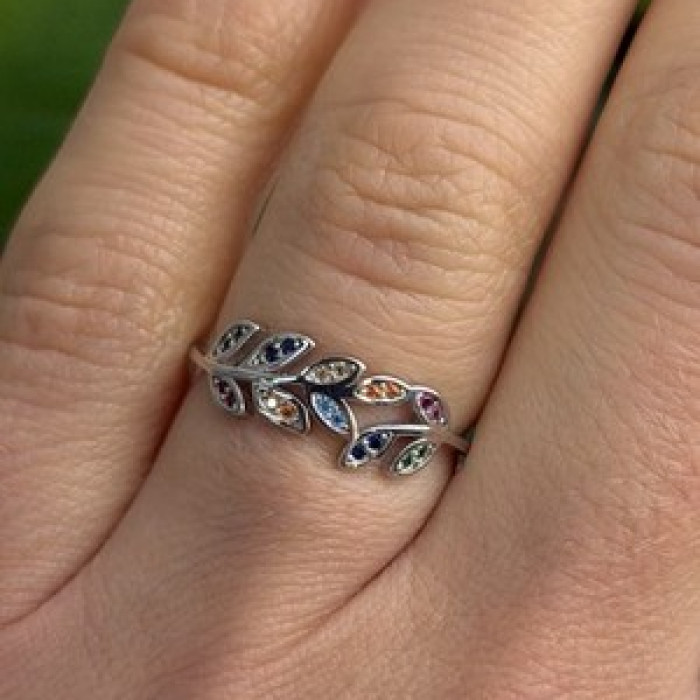 925 Sterling Silver Leaves Multi Color Spinel Ring Size 7