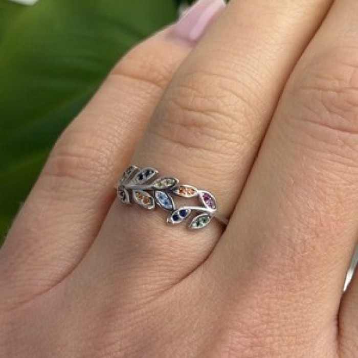 925 Sterling Silver Leaves Multi Color Spinel Ring Size 7