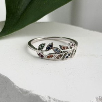 925 Sterling Silver Leaves Multi Color Spinel Ring Size 7