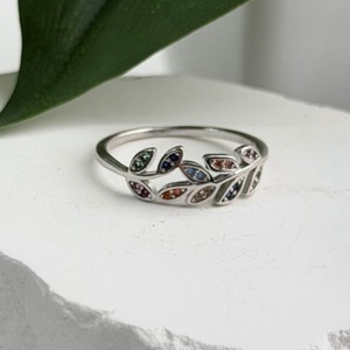 925 Sterling Silver Leaves Multi Color Spinel Ring Size 7