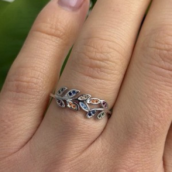 925 Sterling Silver Leaves Multi Color Spinel Ring Size 7