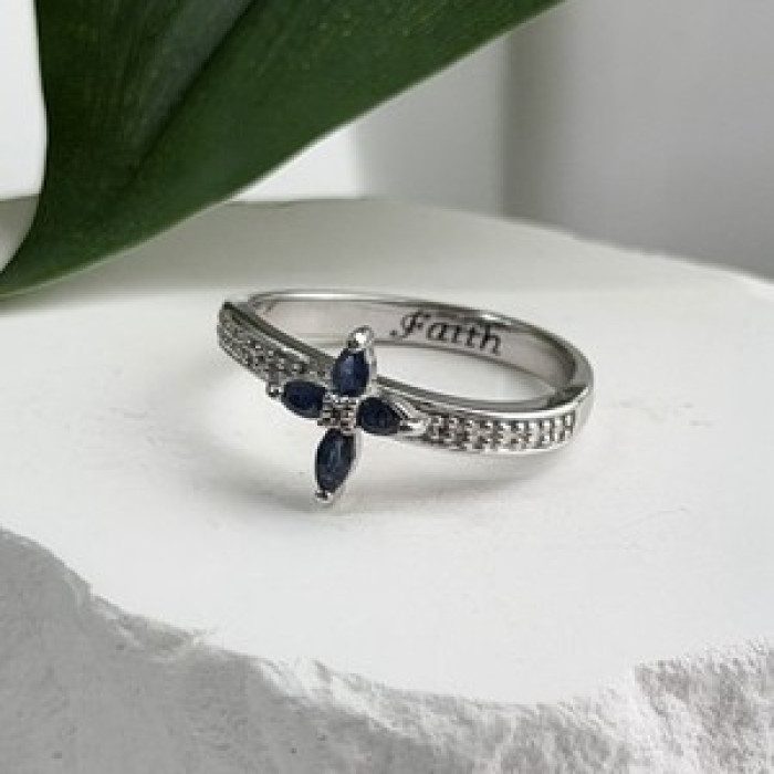 Faith 925 Sterling Silver Sapphire Cross Ring Size 8.5