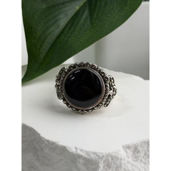 Vintage 925 Sterling Silver Black Onyx & Marcasite Ring Size 9