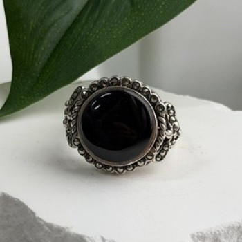 Vintage 925 Sterling Silver Black Onyx & Marcasite Ring Size 9