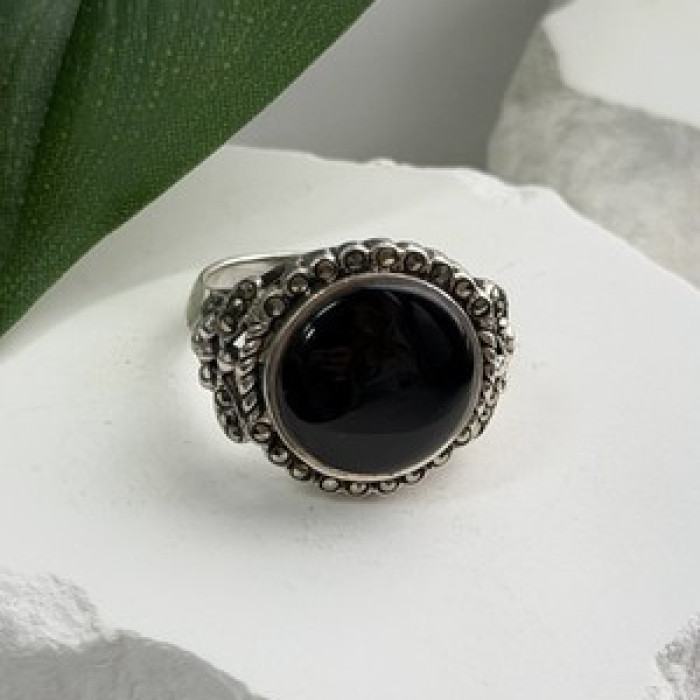 Vintage 925 Sterling Silver Black Onyx & Marcasite Ring Size 9