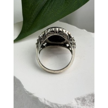 Vintage 925 Sterling Silver Black Onyx & Marcasite Ring Size 9