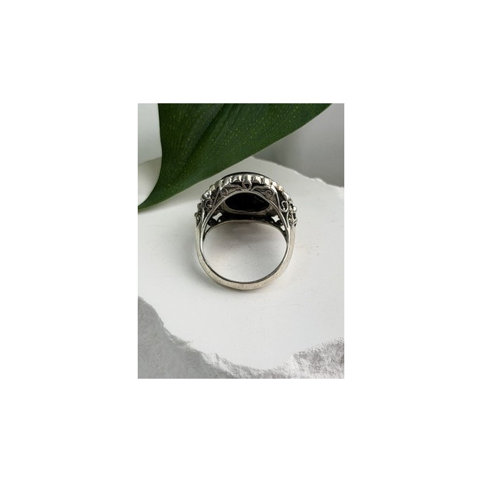 Vintage 925 Sterling Silver Black Onyx & Marcasite Ring Size 9